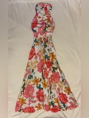 Women’s White Floral Maxi Dress with Pink & Yellow Blooms